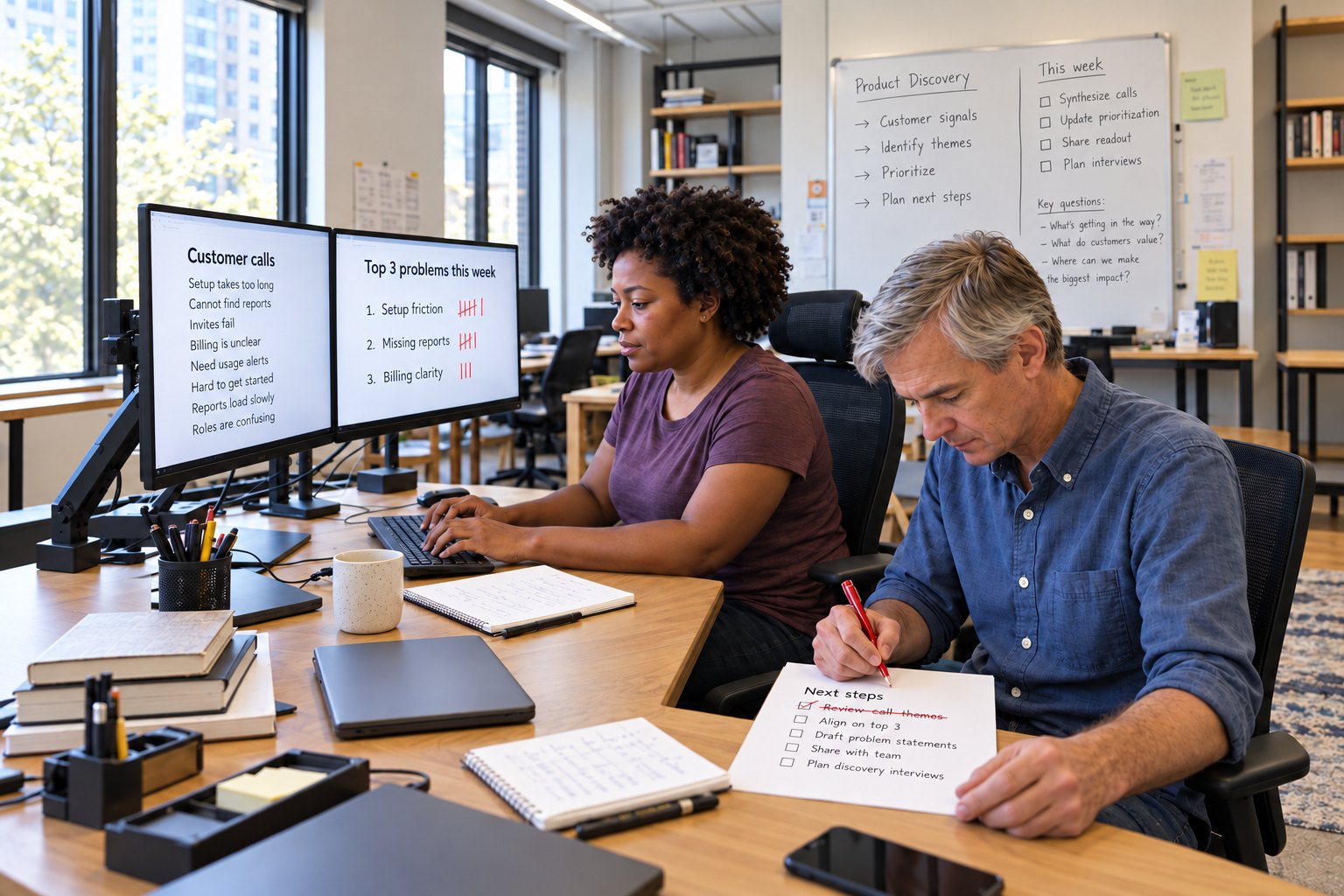 A product manager comparing raw customer-call notes with a short list of the top three problems
