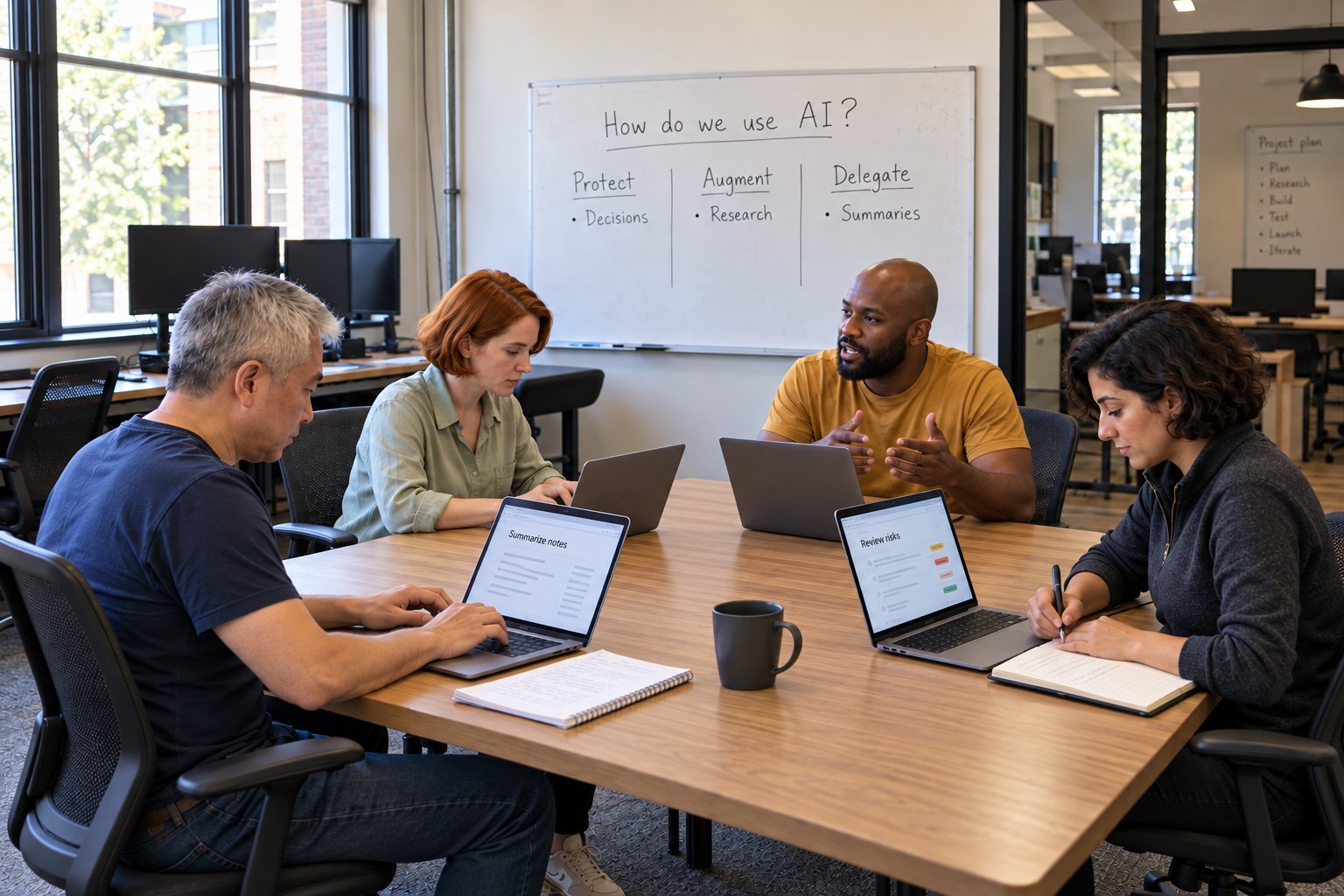 A product team at one table under a whiteboard reading "How do we use AI?": Protect, Augment, Delegate