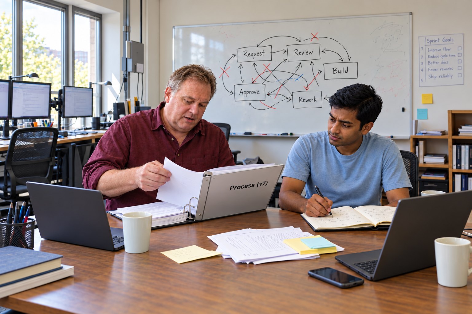 A team lead flipping through a binder labelled "Process (v7)" in front of a tangled workflow diagram