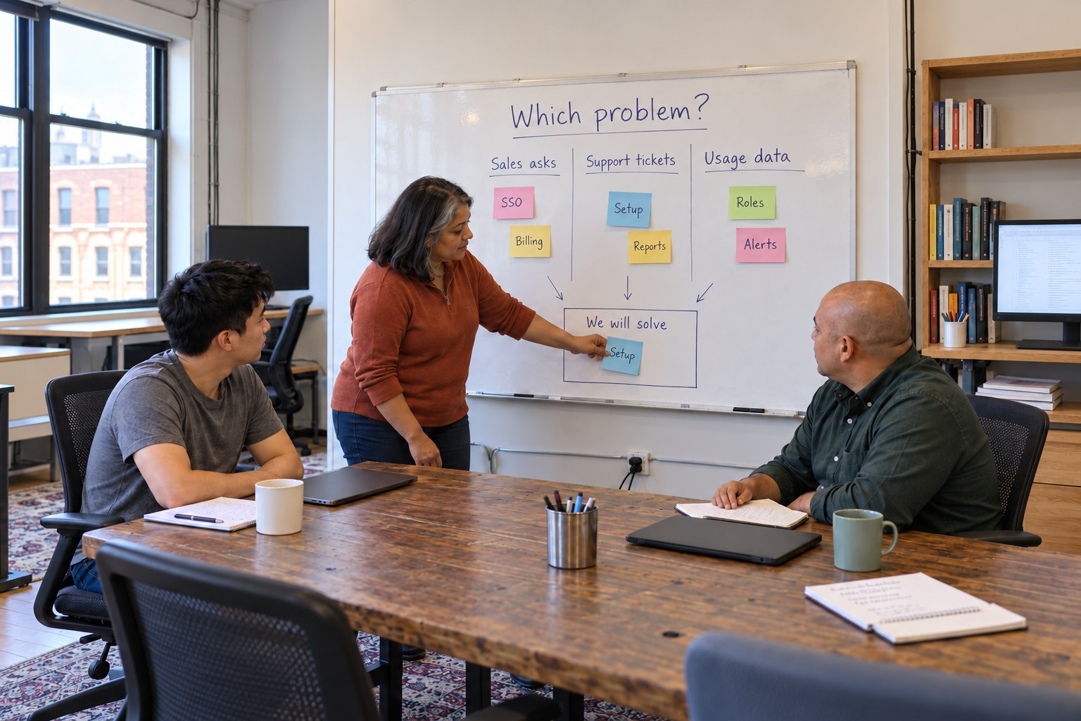 A product manager moving a sticky note into the "We will solve" box on a "Which problem?" whiteboard