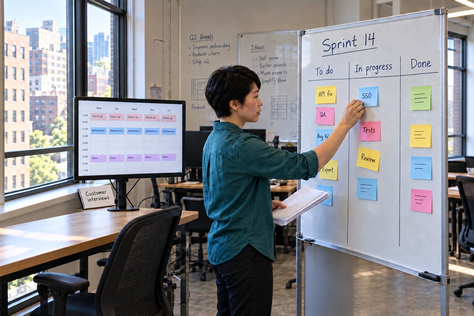A product manager at a sprint board while a notebook labelled "Customer interviews" sits untouched